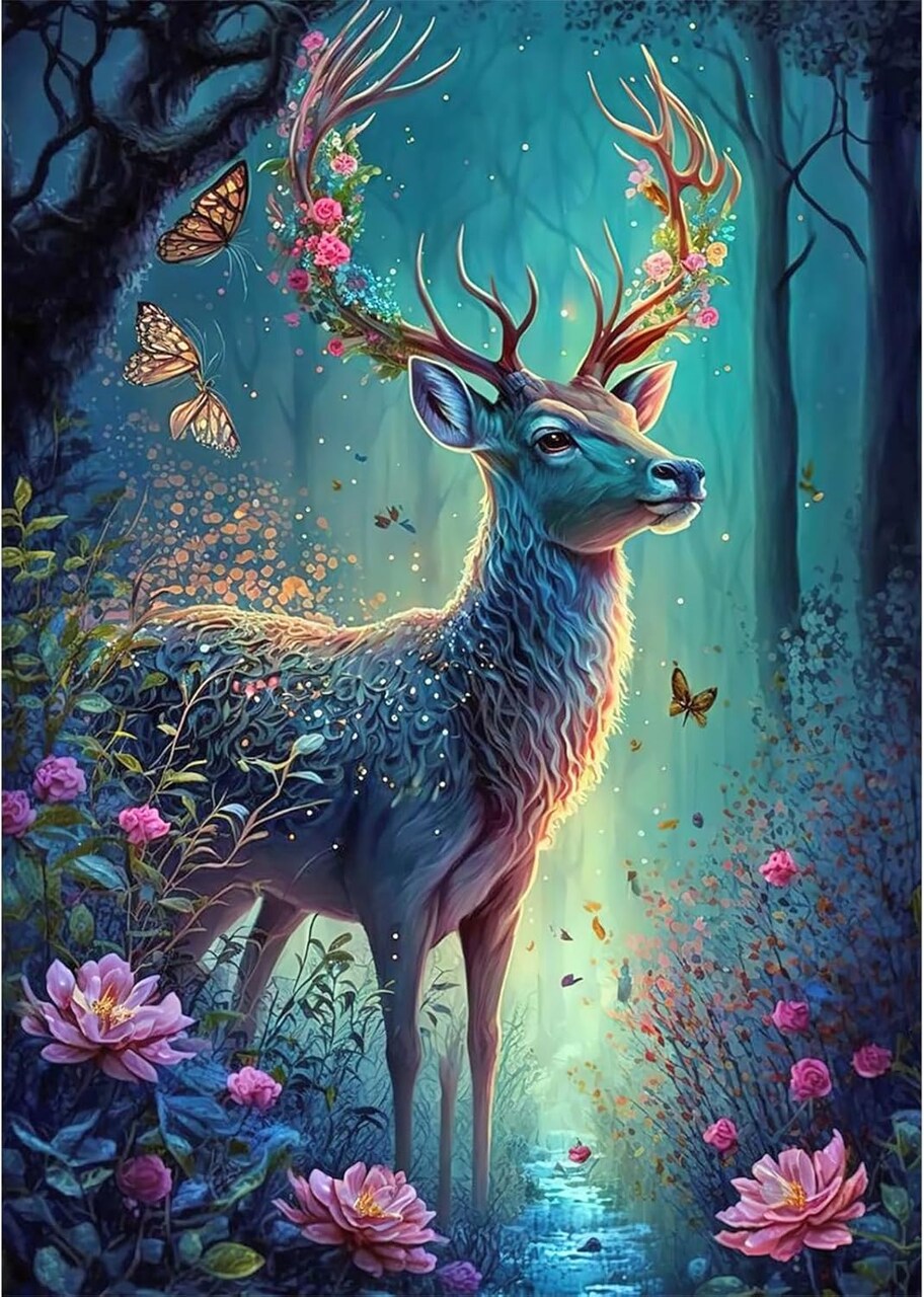 Flowers Deer Diamond Art Painting Kits for Adults, 5D Landscape Diamond Painting Kits